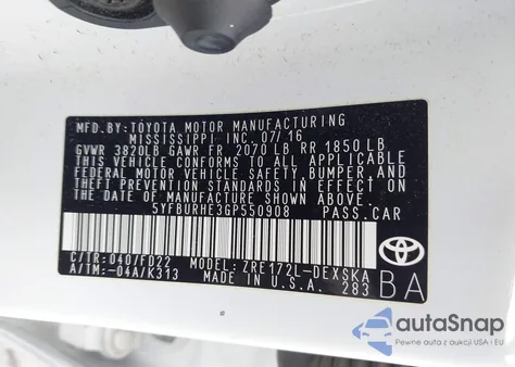 2016 Toyota Corolla S Plus z USA, uszkodzony, nr VIN 5YFBURHE3GP550908